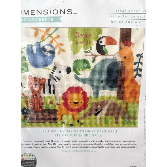 Dimensions Jungle Birth Record Cross Stitch Kit 10"x8" 70-35443 Open Package - Picture 3 of 6